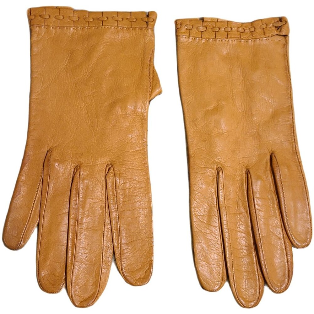 Vintage Size S 6.5 Brown Leather Gloves 7.5" Long Weave Wrist